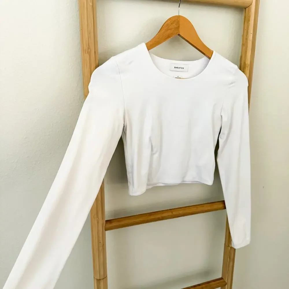 Aritzia Babaton Long Sleeve Crew Neck Crop Top White Double Layer Stretch Small